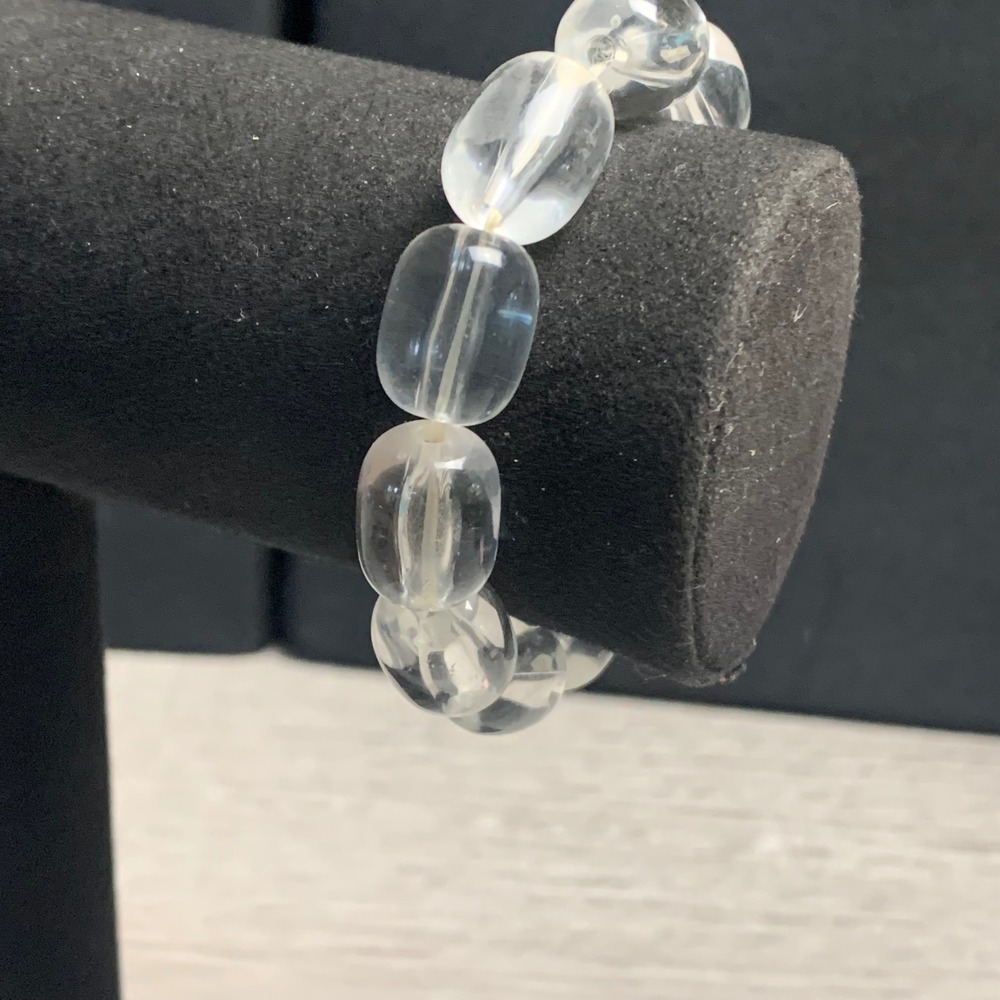 Clear Quartz Barrel Bead Stretch Bracelet Minimalist Polished Crystal 5.5in
